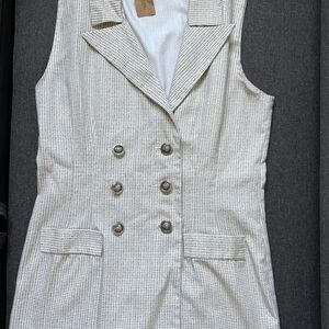 Vintage Sleeveless Double-Breasted Vest & Skirt Set - Cream and Light Gray
